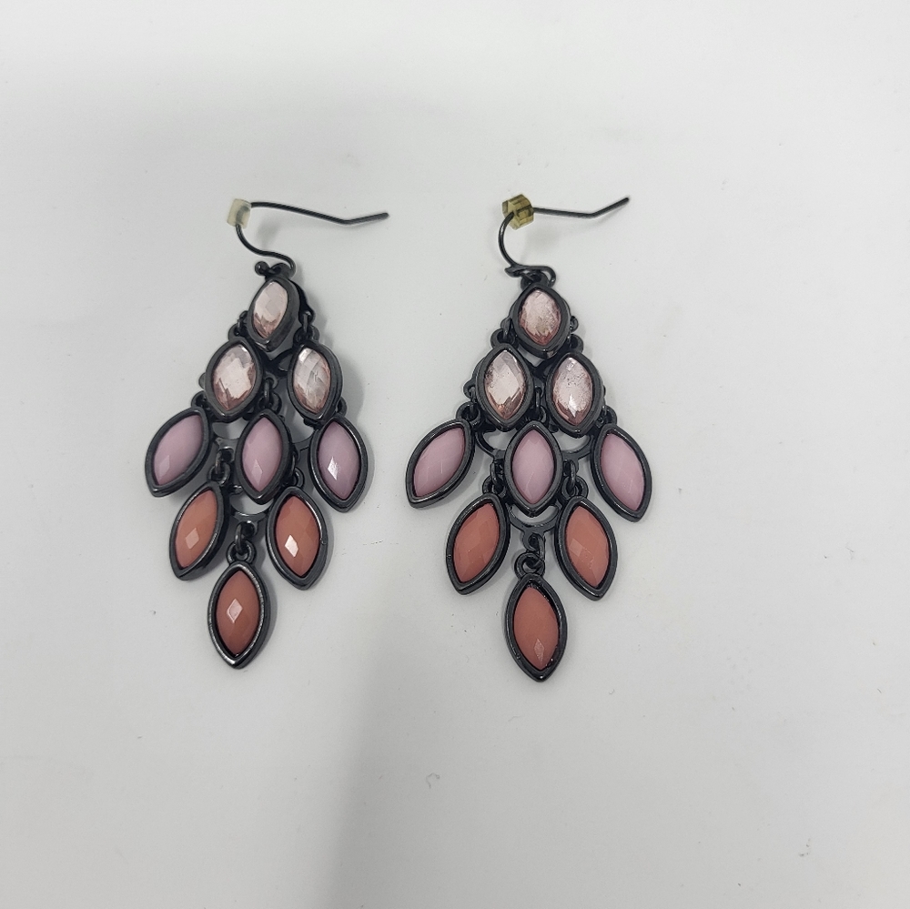 Peacock Drop Fish Hook Pierced Ombre Earrings Pink Orange